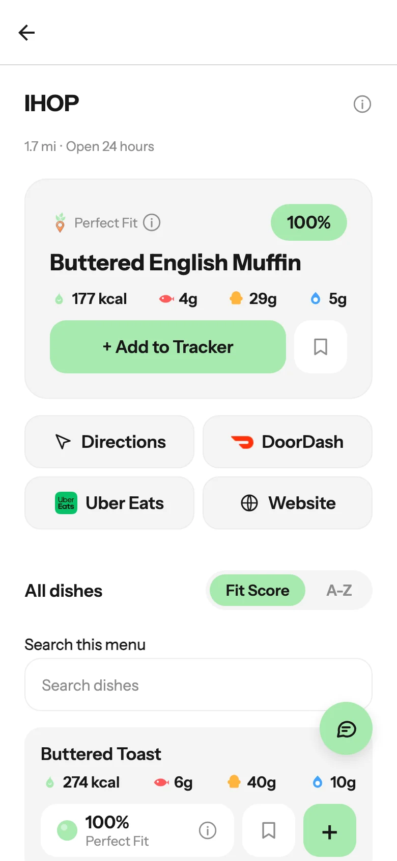 Eatrace restaurant menu with meal macros, Fit Score and Add to Tracker